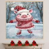 Adorable Christmas Pig Ice Skating in Red Plaid Dress and Santa Hat – Whimsical Winter Nursery Wall Art, Festive Farm Animal Decor or Cute Holiday Gift on Ready to Hang 1.5" Thick Canvas Wrap, Floating Framed Canvas, Flat Rolled Canvas